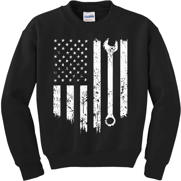 Vintage Mechanic Distressed American Flag Kids Sweatshirt