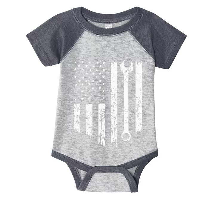 Vintage Mechanic Distressed American Flag Infant Baby Jersey Bodysuit