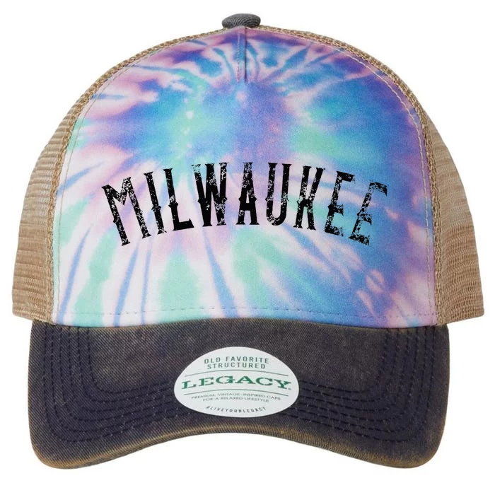 Vintage Milwaukee Distressed Black Text Apparel Legacy Tie Dye Trucker Hat