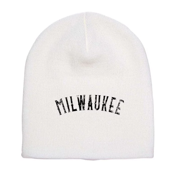 Vintage Milwaukee Distressed Black Text Apparel Short Acrylic Beanie