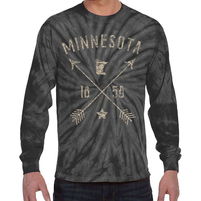 Vintage Minnesota Distressed Home State Map Boho Arrows Tie-Dye Long Sleeve Shirt