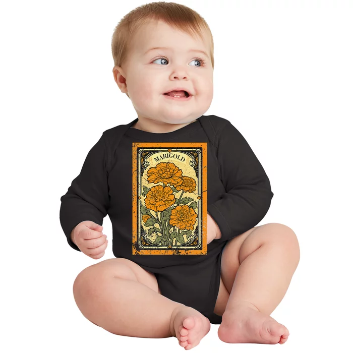 Vintage Marigold Flowers Tarot Card Baby Long Sleeve Bodysuit