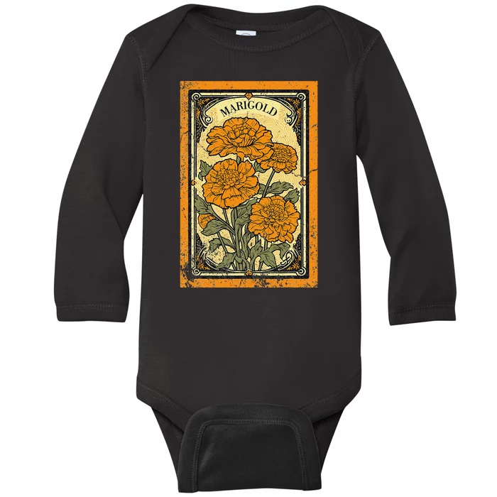 Vintage Marigold Flowers Tarot Card Baby Long Sleeve Bodysuit