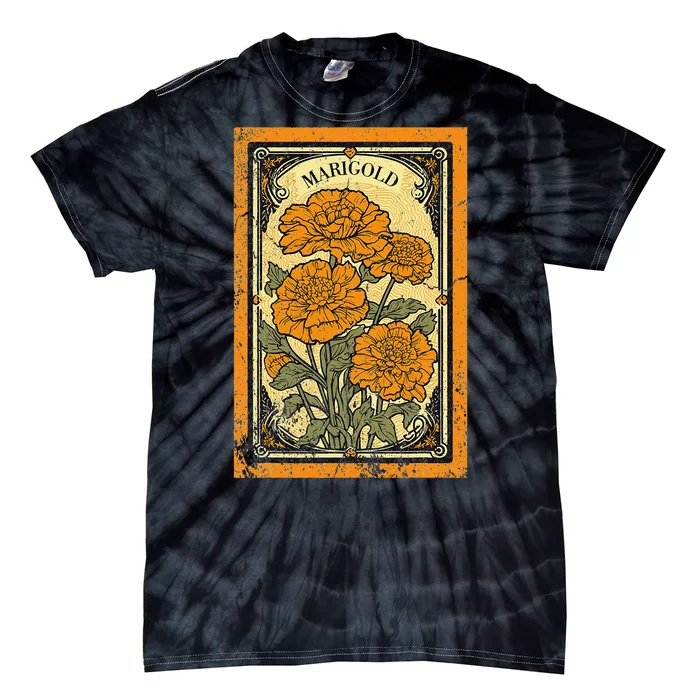 Vintage Marigold Flowers Tarot Card Tie-Dye T-Shirt