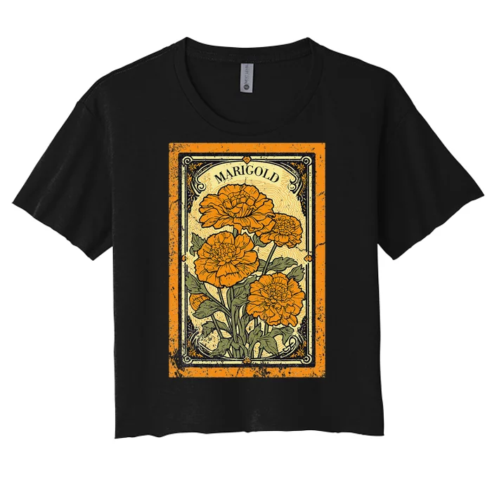 Vintage Marigold Flowers Tarot Card Women's Crop Top Tee