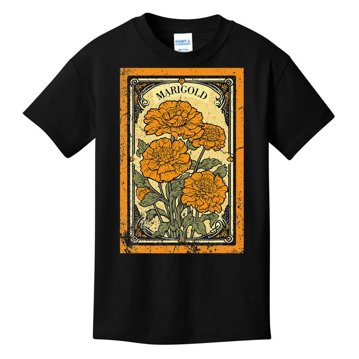 Vintage Marigold Flowers Tarot Card Kids T-Shirt