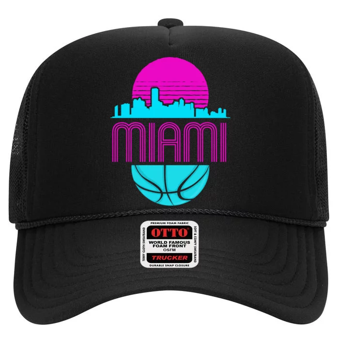 Vintage Miami Florida Cityscape Retro Basketball High Crown Mesh Trucker Hat