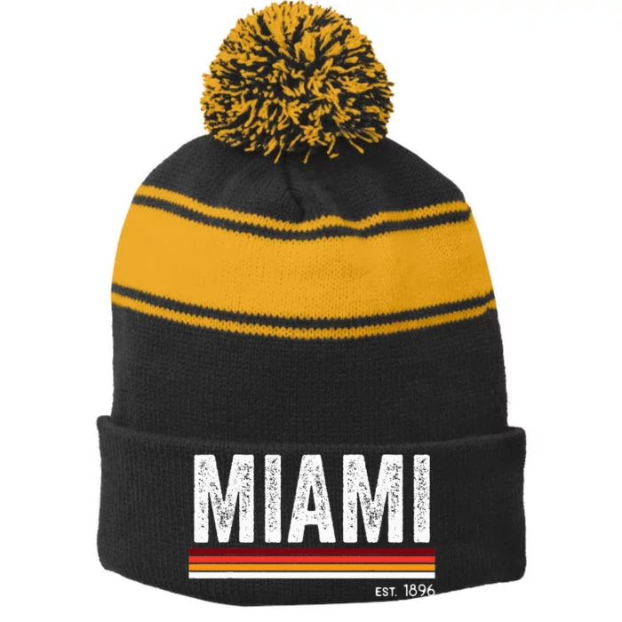 Vintage Miami Florida Est 1896 Souvenir Retro Style Stripe Pom Pom Beanie