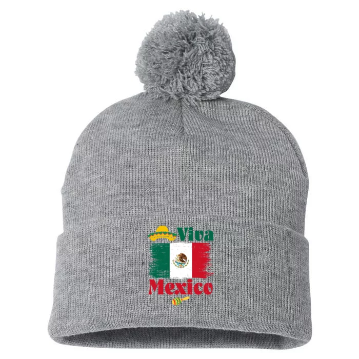 Viva Mexico Flag Mexican Independence Day Pom Pom 12in Knit Beanie