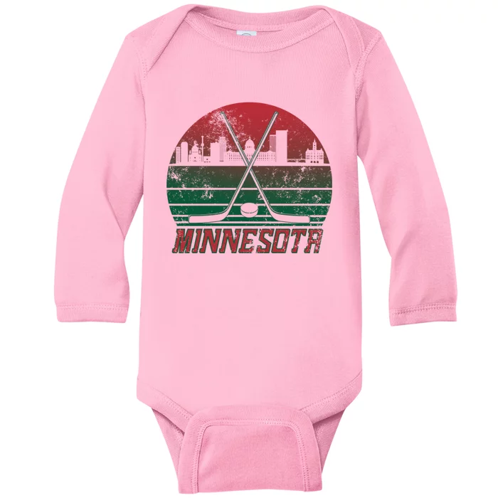 Vintage Minnesota Hockey City Skyline Baby Long Sleeve Bodysuit