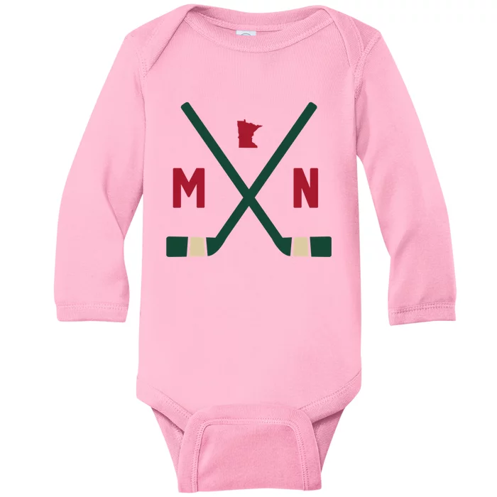 Vintage Minnesota Hockey Sticks State Outline Baby Long Sleeve Bodysuit