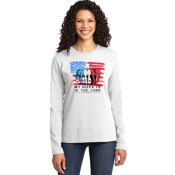 Vintage My Hope Is In The Lamb Christian God Jesus Usa Flag Ladies Long Sleeve Shirt