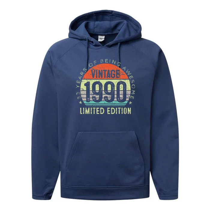 Vintage Made In 1990 33 Year Old Retro 33th Birthday Gift Performance Fleece Hoodie