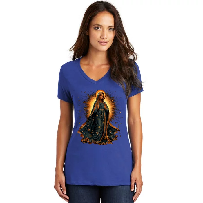 Virgin Mary In Radiant Golden Light With Halo Women's V-Neck T-Shirt