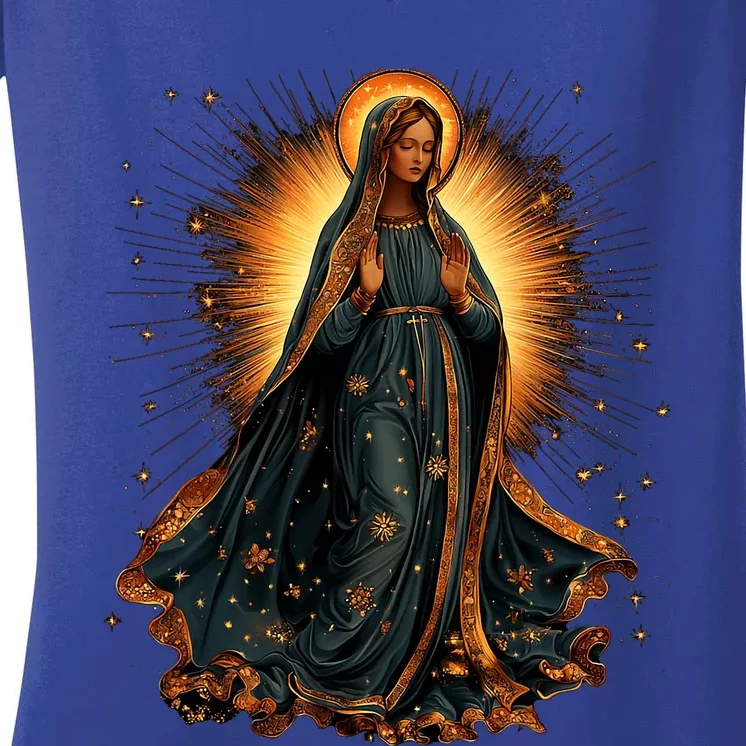 Virgin Mary In Radiant Golden Light With Halo Women's V-Neck T-Shirt