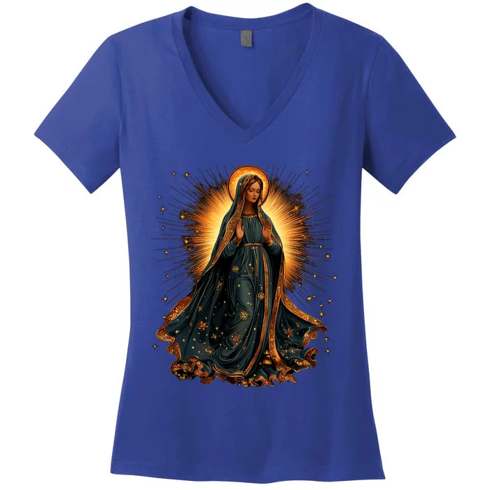 Virgin Mary In Radiant Golden Light With Halo Women's V-Neck T-Shirt