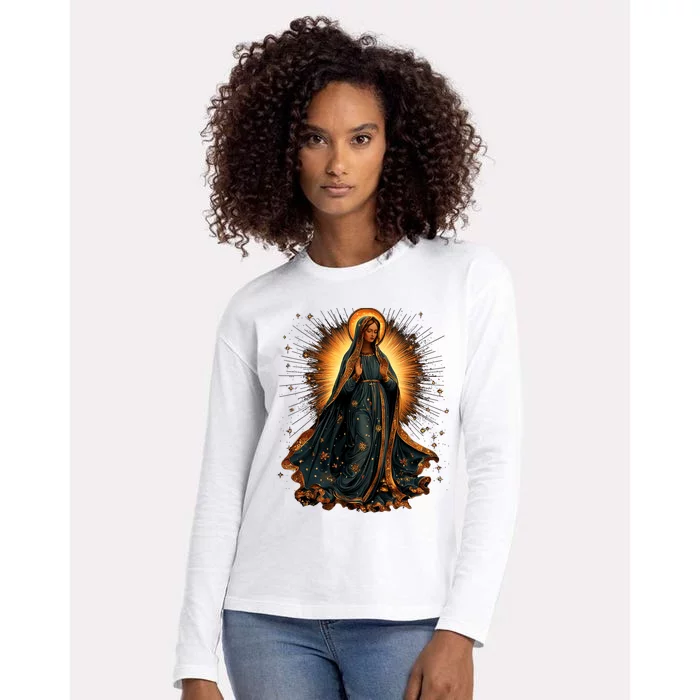 Virgin Mary In Radiant Golden Light With Halo Womens Cotton Relaxed Long Sleeve T-Shirt