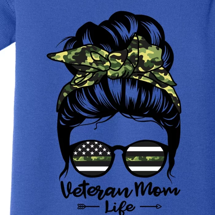 Veteran Mom Life Messy Bun Hair Funny Veteran Mom Gift Baby Bodysuit