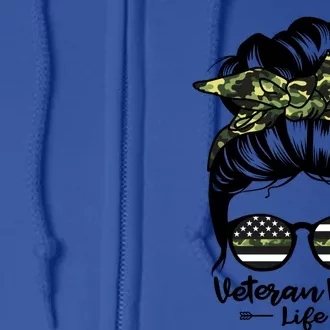 Veteran Mom Life Messy Bun Hair Funny Veteran Mom Gift Full Zip Hoodie