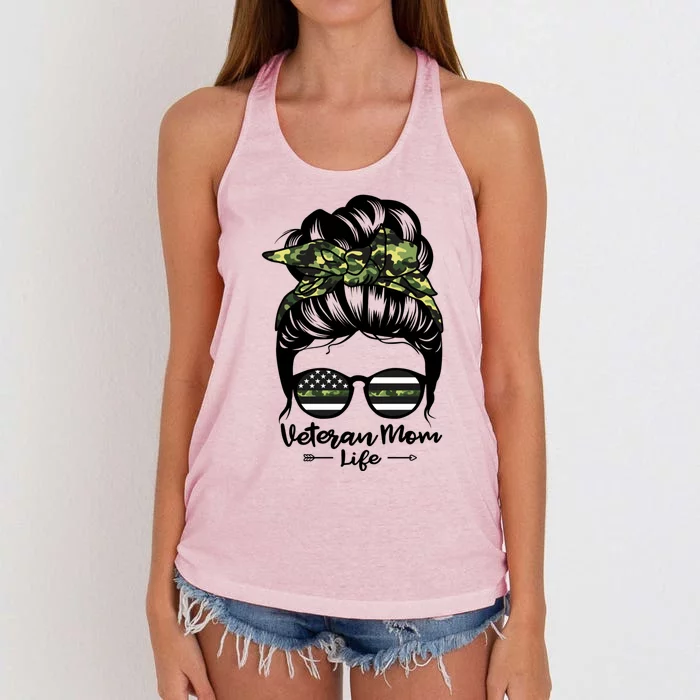 Veteran Mom Life Messy Bun Hair Funny Veteran Mom Gift Women's Knotted Racerback Tank