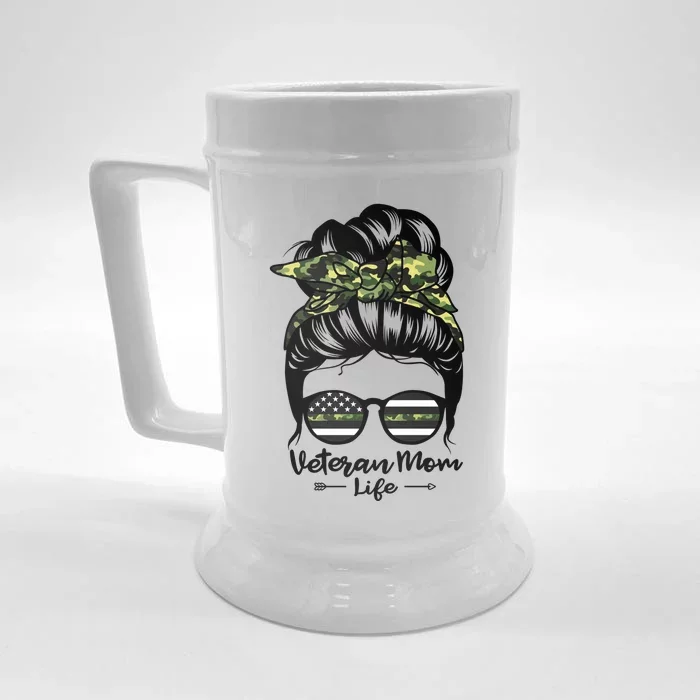 Veteran Mom Life Messy Bun Hair Funny Veteran Mom Gift Front & Back Beer Stein