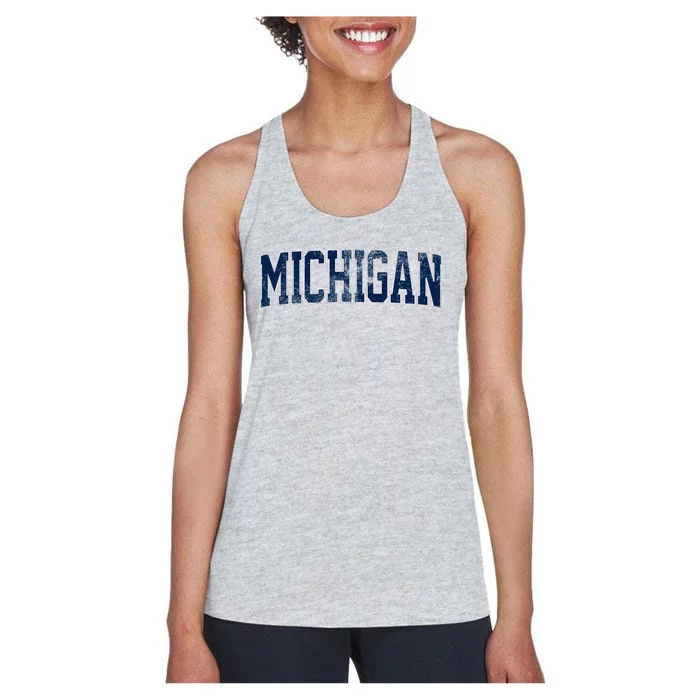 Vintage Michigan Look Maize Blue Retro Font Michigan Women's Racerback Tank