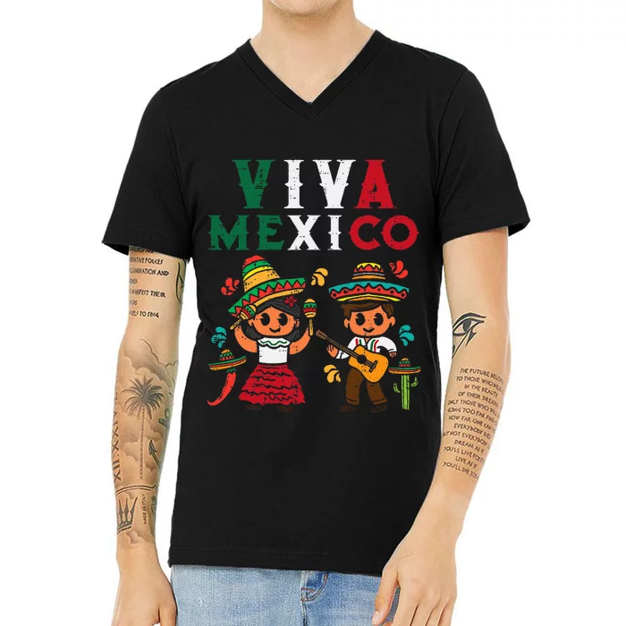 Viva Mexico Maracas Guitar Mexican Independence V-Neck T-Shirt