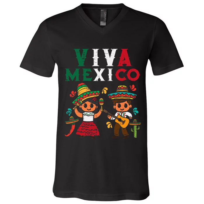 Viva Mexico Maracas Guitar Mexican Independence V-Neck T-Shirt