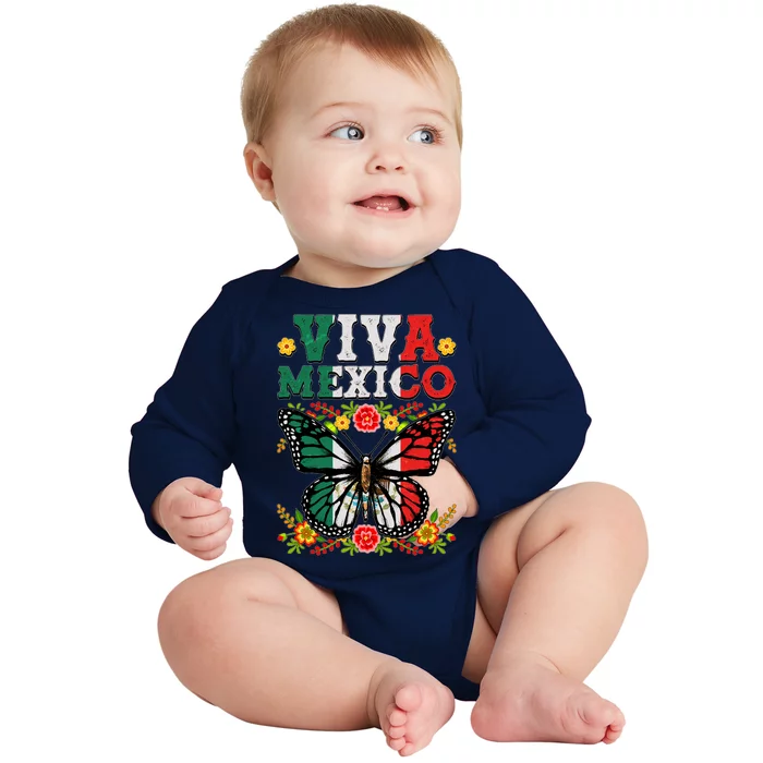 Viva Mexico Mexican Independence Day Butterfly Baby Long Sleeve Bodysuit