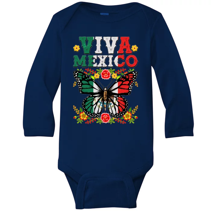 Viva Mexico Mexican Independence Day Butterfly Baby Long Sleeve Bodysuit