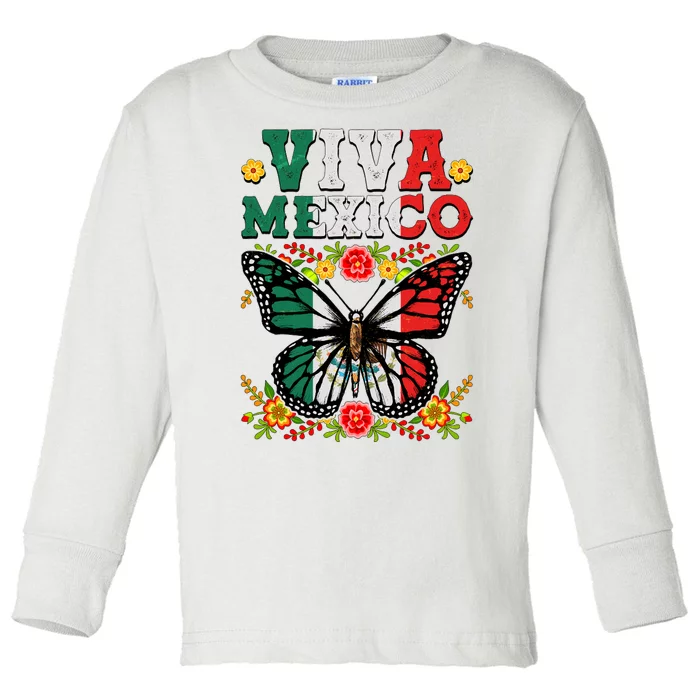 Viva Mexico Mexican Independence Day Butterfly Toddler Long Sleeve Shirt