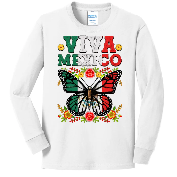 Viva Mexico Mexican Independence Day Butterfly Kids Long Sleeve Shirt