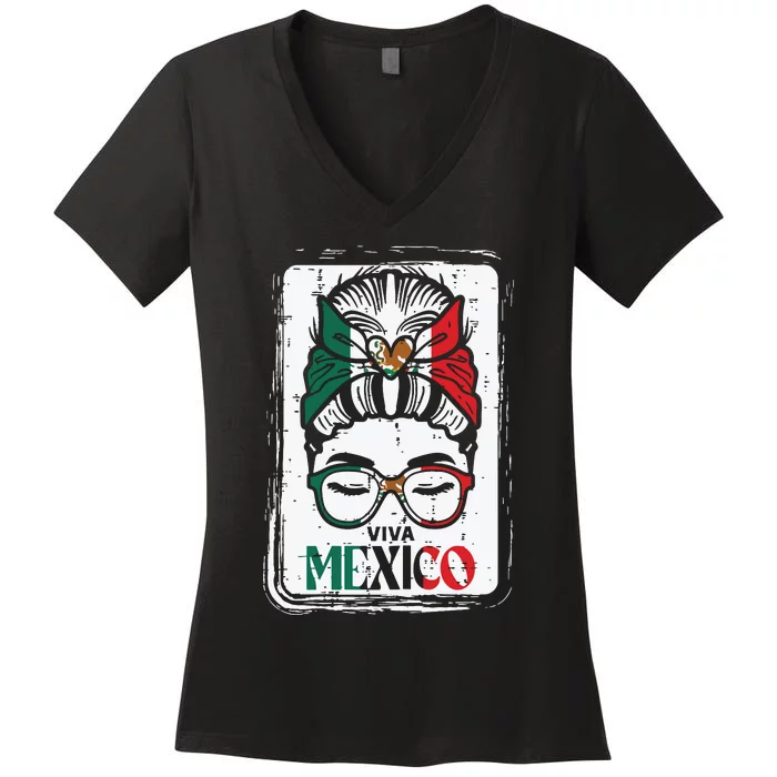 Viva Mexico Messy Bun Mexican Independence Girls Women's V-Neck T-Shirt