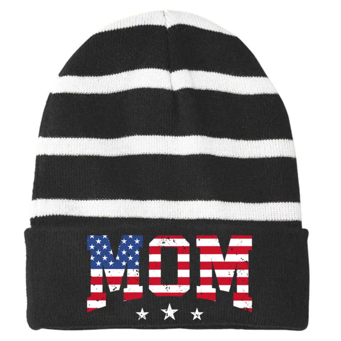 Vintage Mom MotherS Day American Mom Usa Flag 4th Of July Striped Beanie with Solid Band