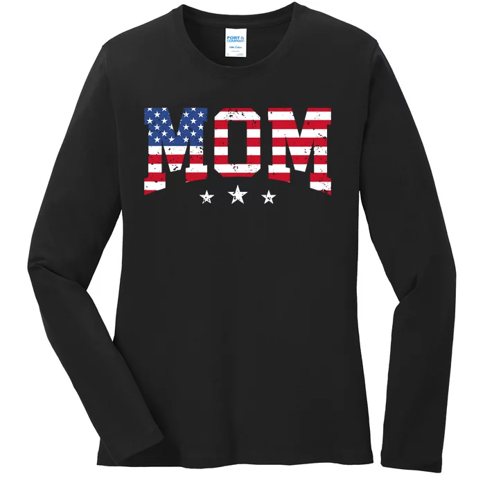 Vintage Mom MotherS Day American Mom Usa Flag 4th Of July Ladies Long Sleeve Shirt