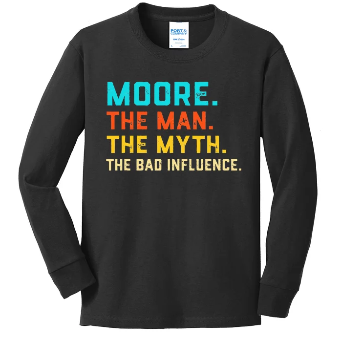 Vintage Moore Man Myth The Bad Influence Last Name Kids Long Sleeve Shirt