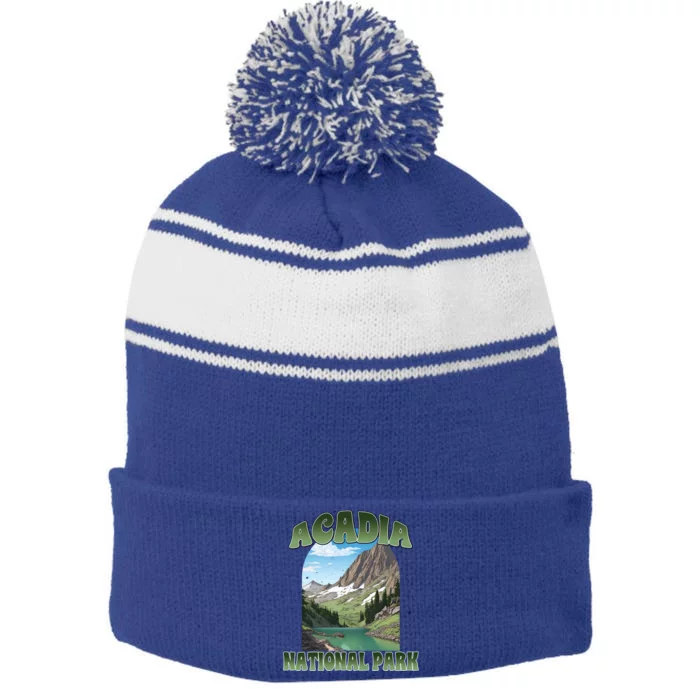 Vintage Mountain National Park Gift Stripe Pom Pom Beanie