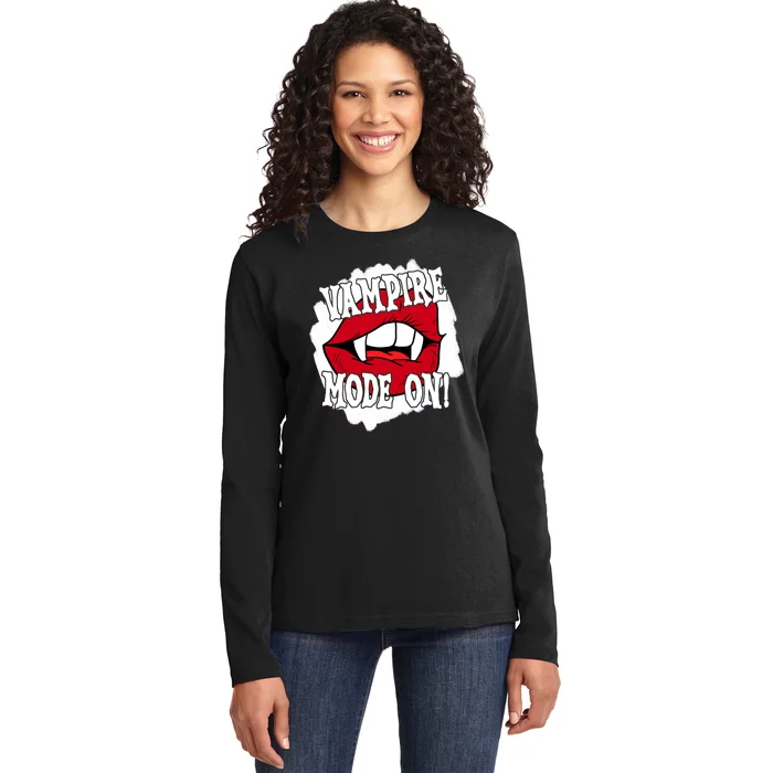 Vampire Mode On Fangs Lips Halloween Ladies Long Sleeve Shirt