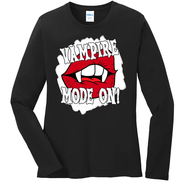 Vampire Mode On Fangs Lips Halloween Ladies Long Sleeve Shirt