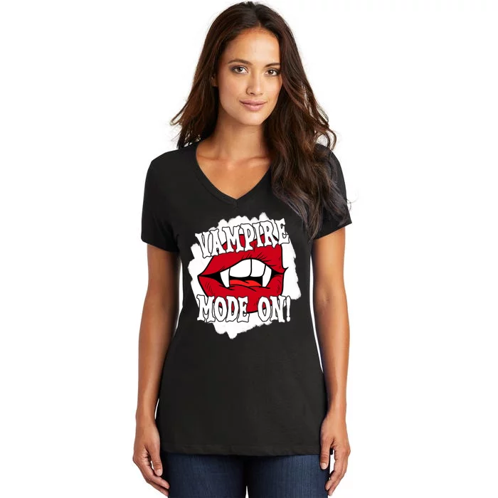 Vampire Mode On Fangs Lips Halloween Women's V-Neck T-Shirt