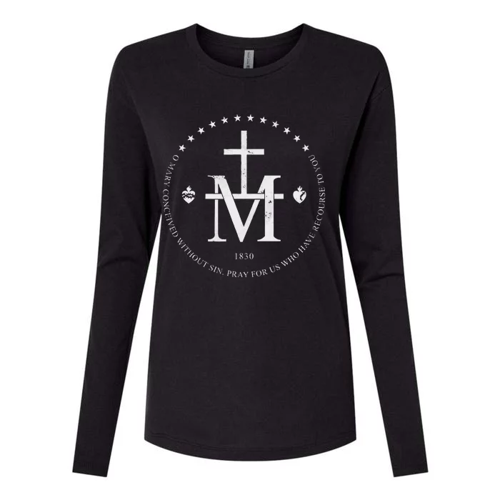 Virgin Mary Of Miraculous Medal Our Lady Marian Cross Womens Cotton Relaxed Long Sleeve T-Shirt