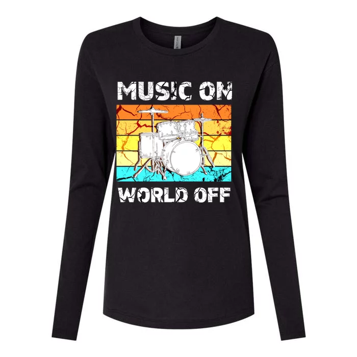 Vintage Music On World Off Drum Set Music Lover Meaningful Gift Womens Cotton Relaxed Long Sleeve T-Shirt