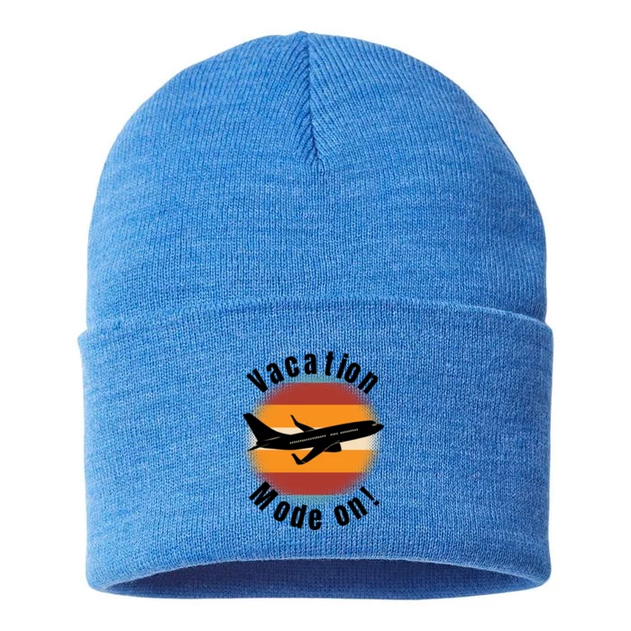 Vacation Mode On Vintage Sunset Airplane Travel Design Gift Sustainable Knit Beanie