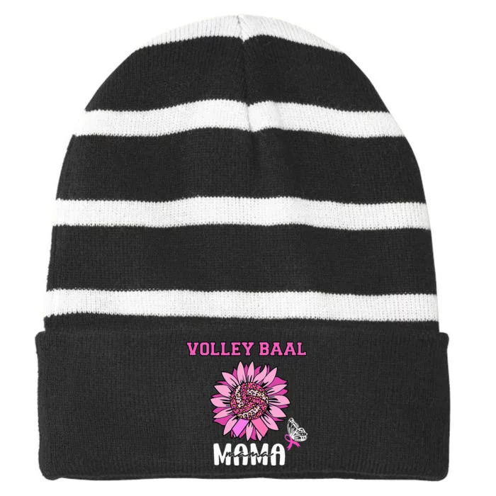 Volleyball Mom Pink Ribbon Breast Cancer Awareness Fighters Striped Beanie with Solid Band