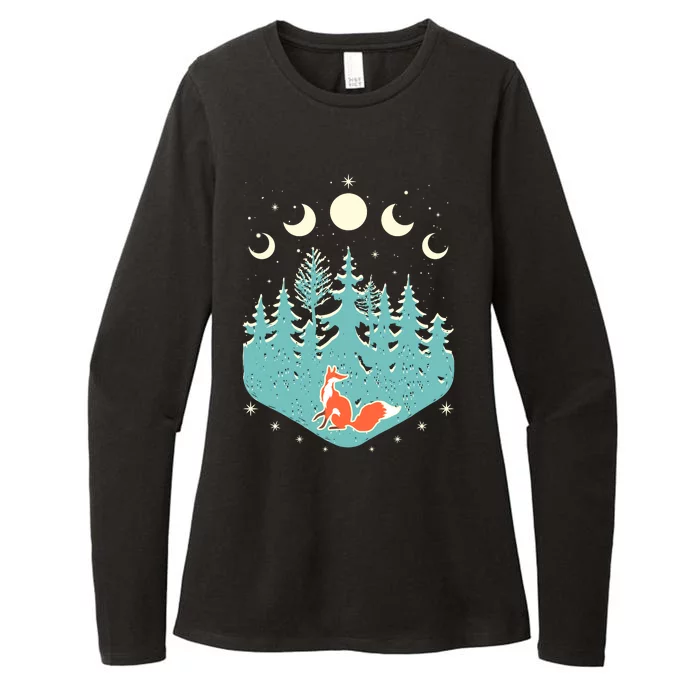 Vintage Moon Phases Forest Fox Womens CVC Long Sleeve Shirt