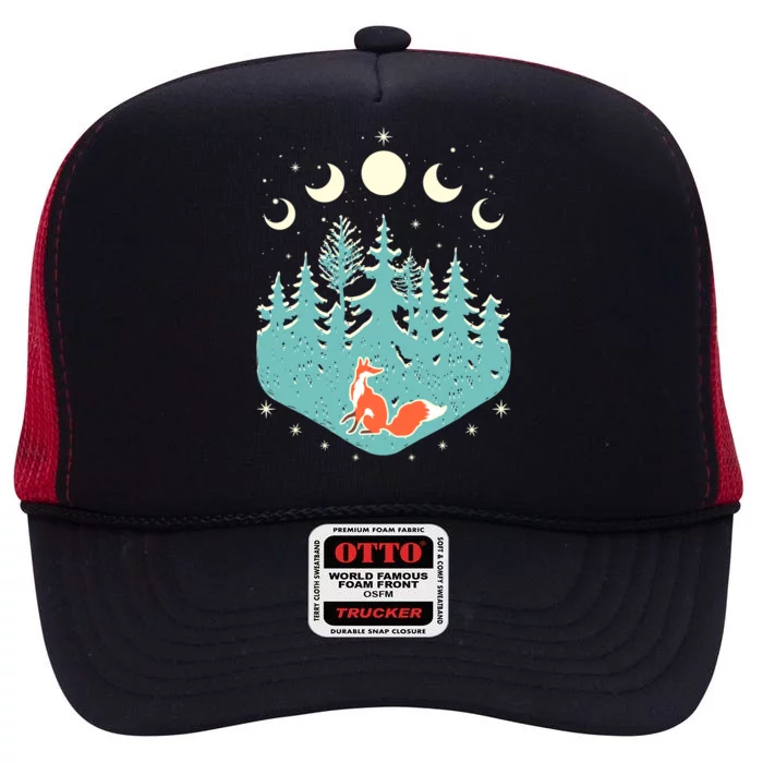 Vintage Moon Phases Forest Fox High Crown Mesh Trucker Hat