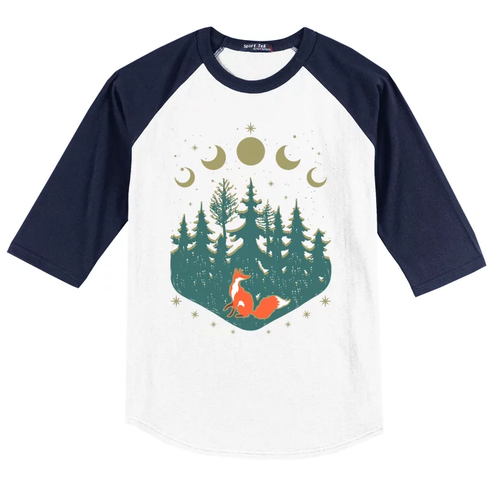 Vintage Moon Phases Forest Fox Baseball Sleeve Shirt