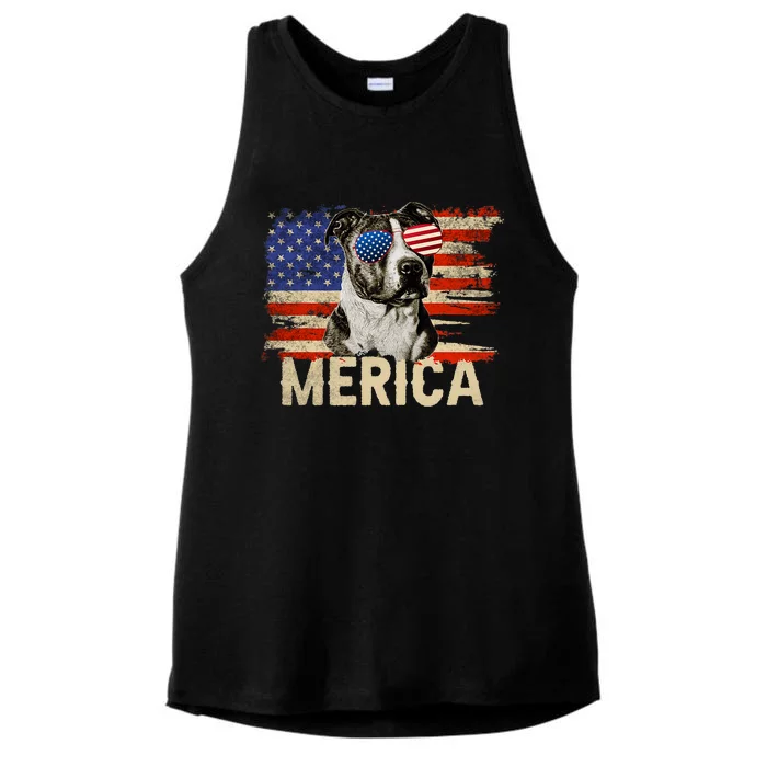 Vintage Merica Pitbull 4th Of July USA Patriotic Sunglasses Ladies Tri-Blend Wicking Tank