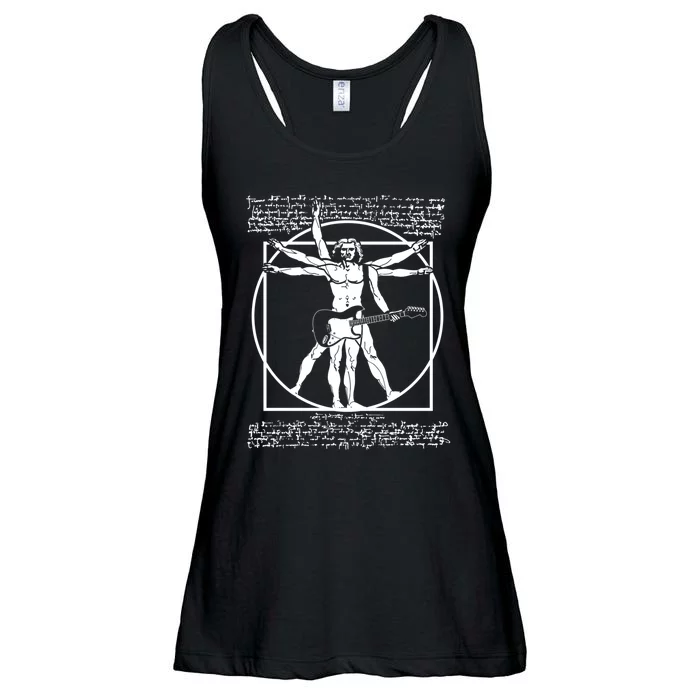 Vitruvian Man Playing The Guitar Da Vinci Guitarist Leonardo Da Vinci Parody Ladies Essential Flowy Tank