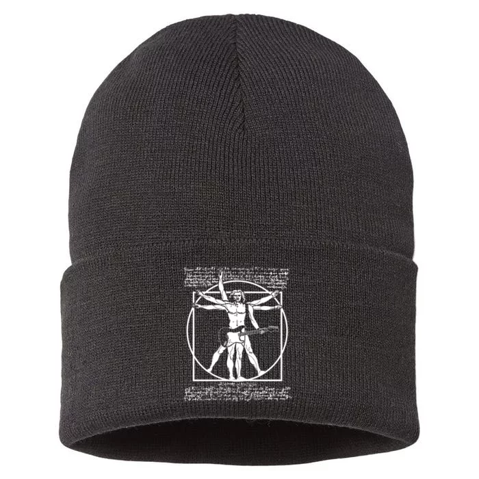 Vitruvian Man Playing The Guitar Da Vinci Guitarist Leonardo Da Vinci Parody Sustainable Knit Beanie